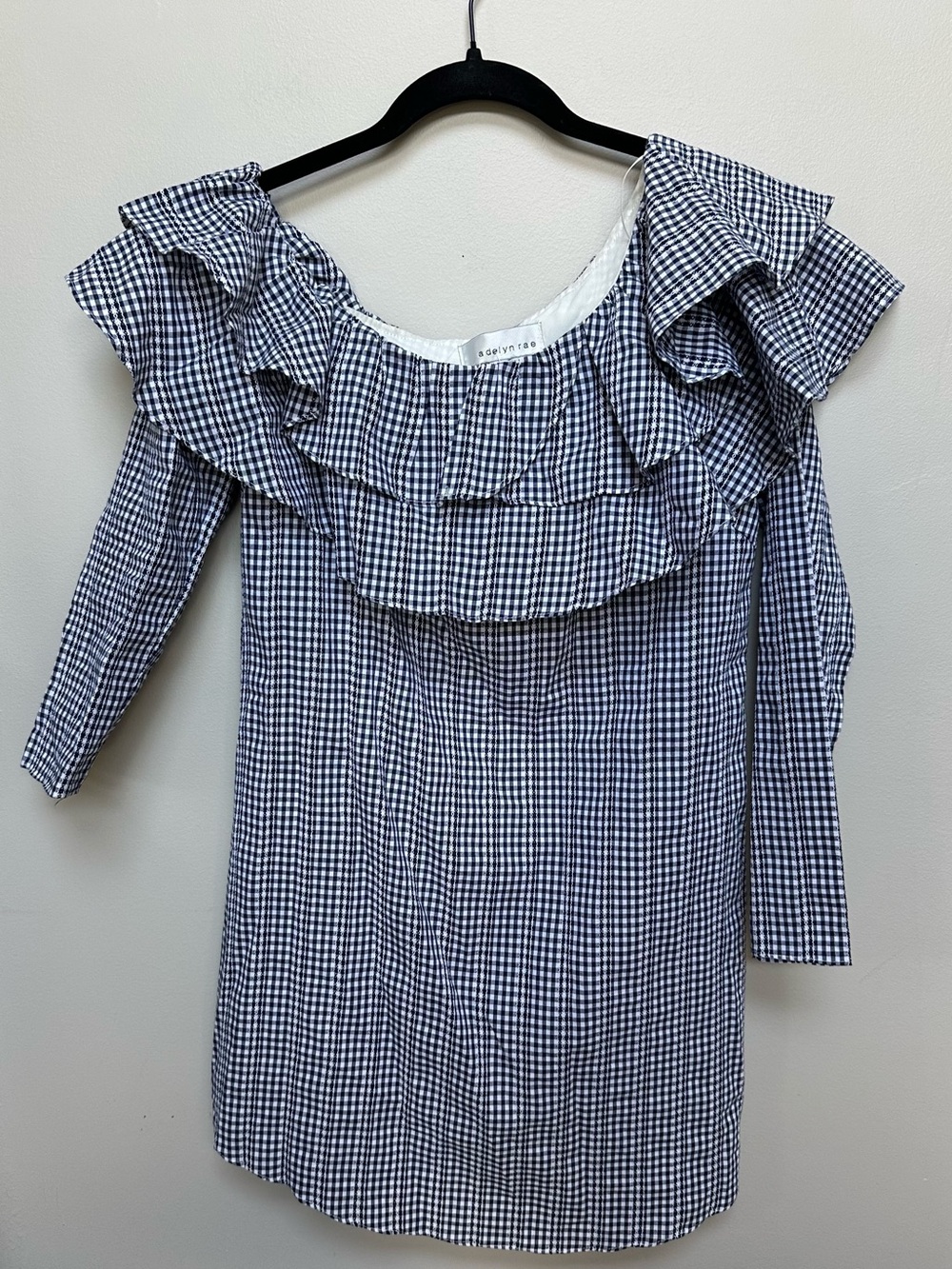 Adelyn Rae Sz XS Ruffle One-Shoulder Ruffle Gingham Dress Blue White - Picture 3 of 5
